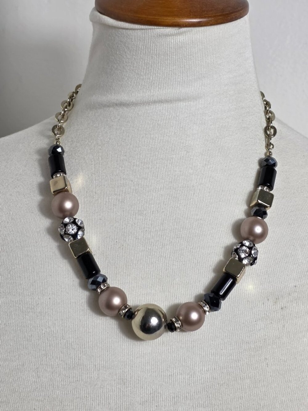 Chunky Beaded Necklace Symmetrical Geo & Organic Shaped Beads Neutral Colors